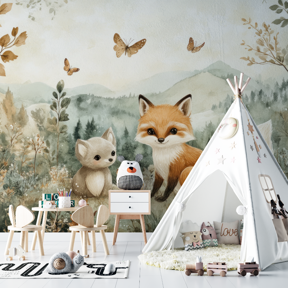 Papier peint renard et foret douce chambre bebe