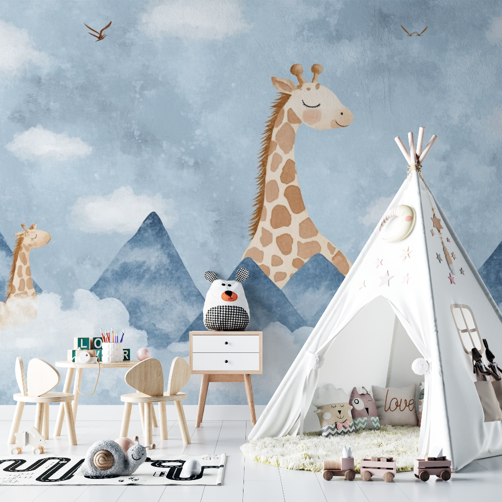 Papier peint giraffe montagnes bleu chambre bebe