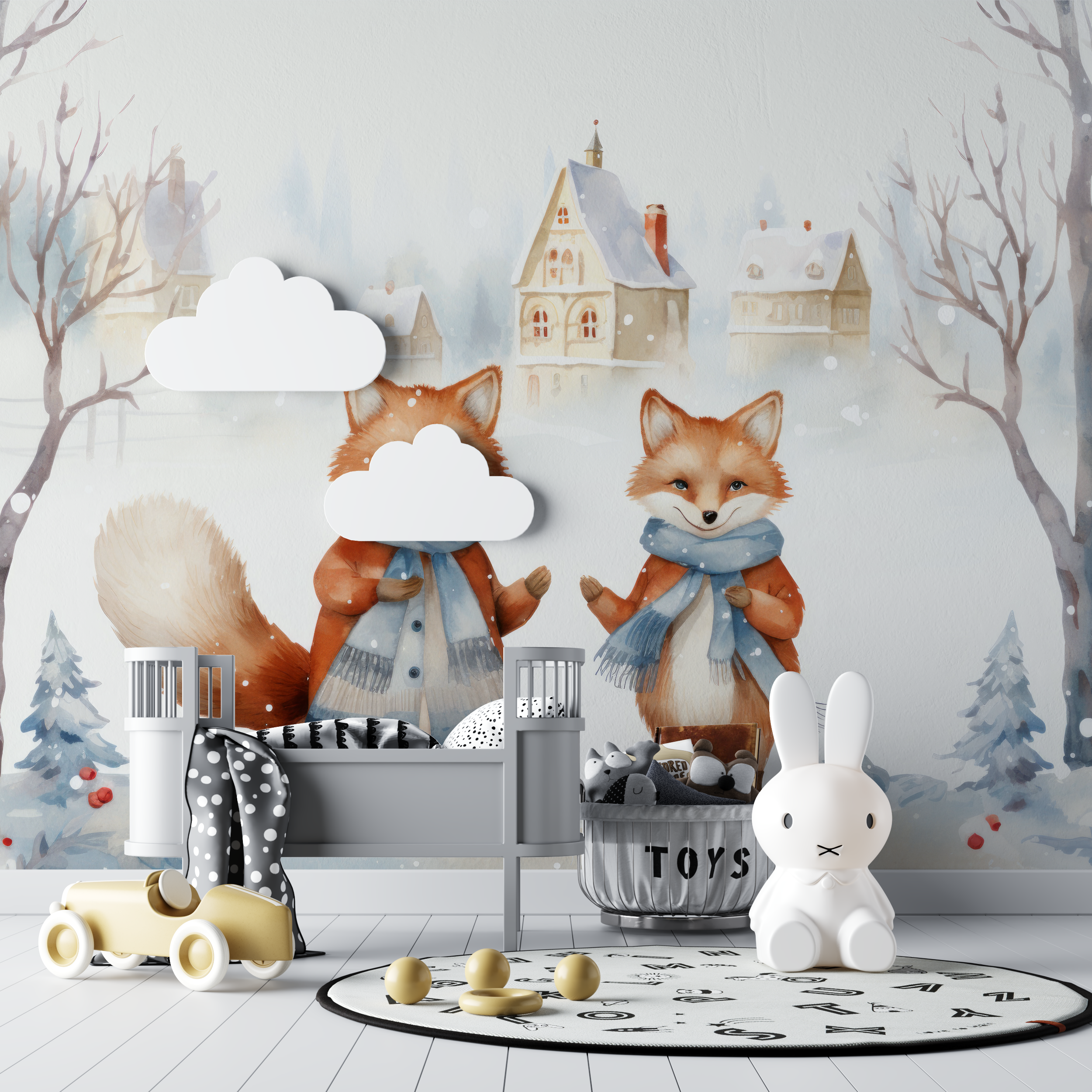 Papier peint chambre bebe renards bebe tipi