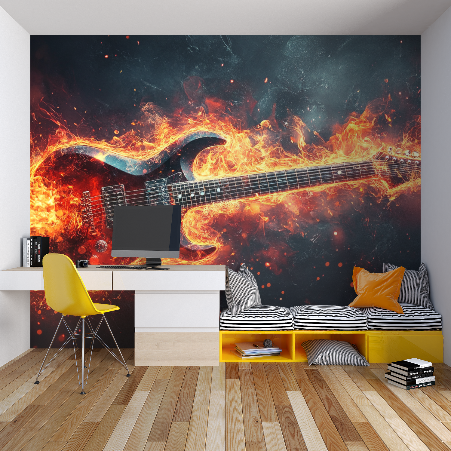Papier peint musique guitare chambre garcon lit