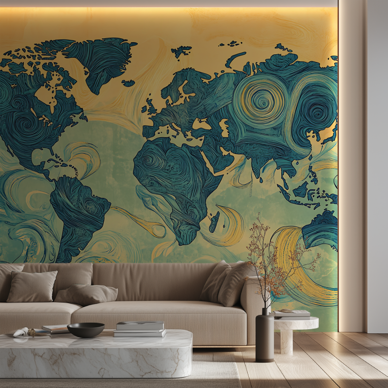 Papier peint carte du monde design canape neon