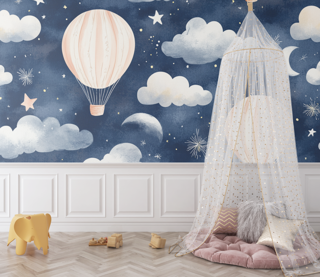 Papier peint montgolfiere et ciel nocturne bebe