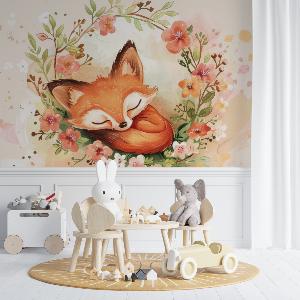 Papier peint renard couronne de fleurs chambre de bebe