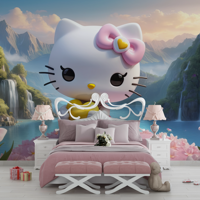 Papier peint hello kitty trompe loeil chambre filles