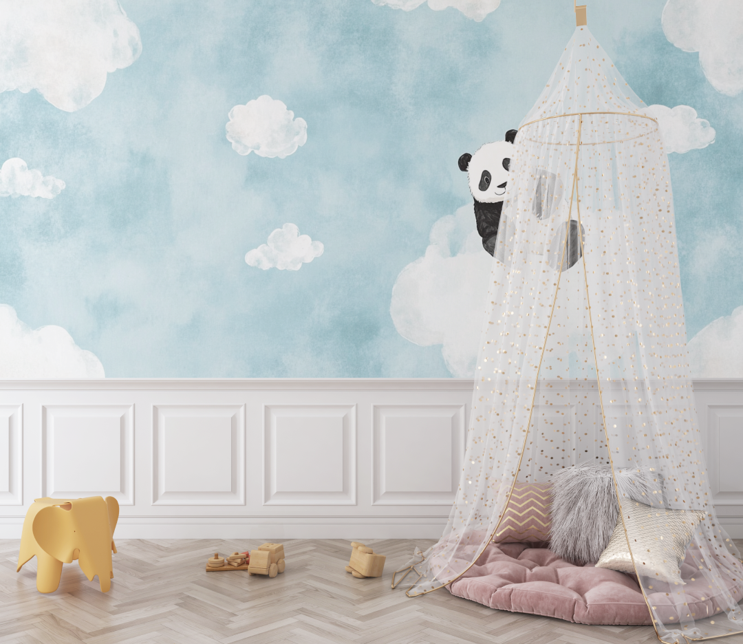 Papier peint panda et nuages bebe