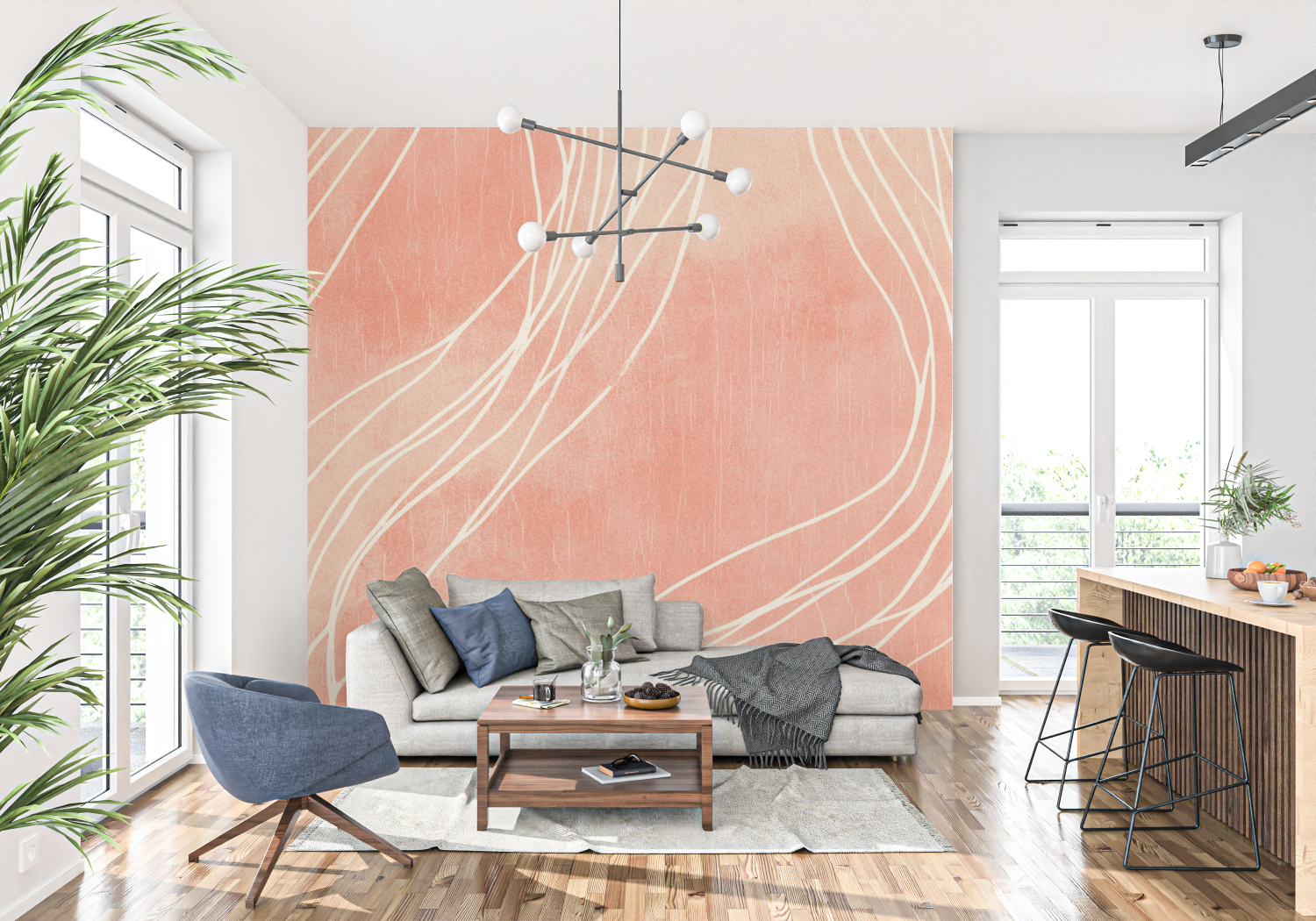 Papier peint terracotta et beige lineaire tapisserie
