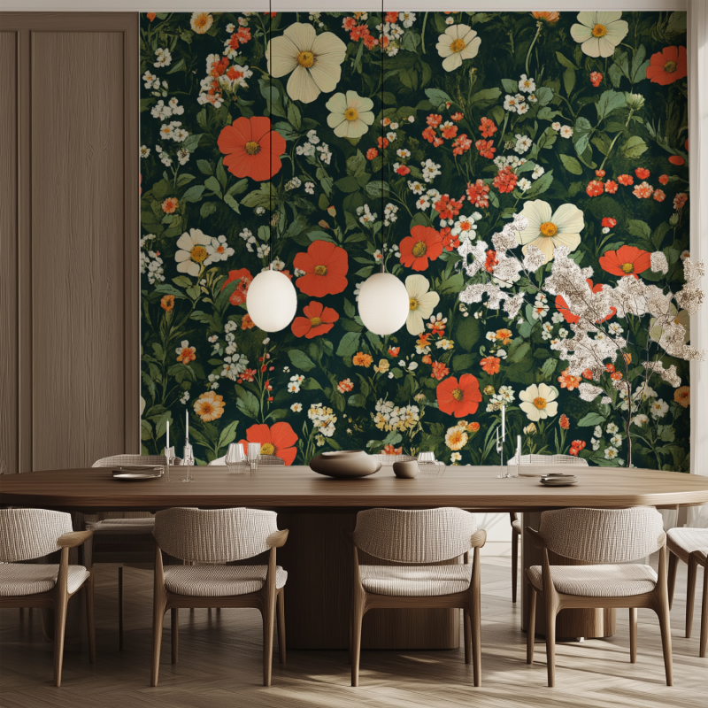 Papier peint fleur animaux vert salle manger tendance