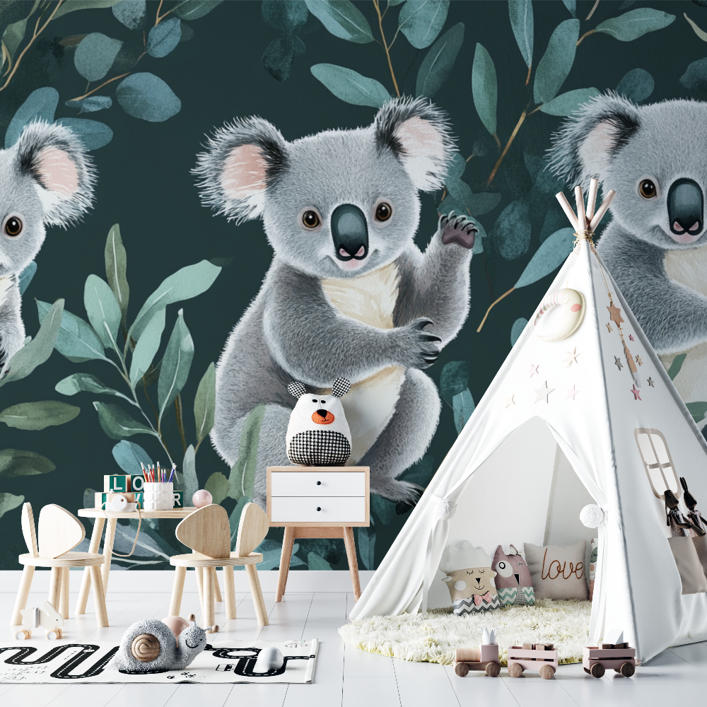 Papier peint koala dans une danse de feuilles chambre bebe