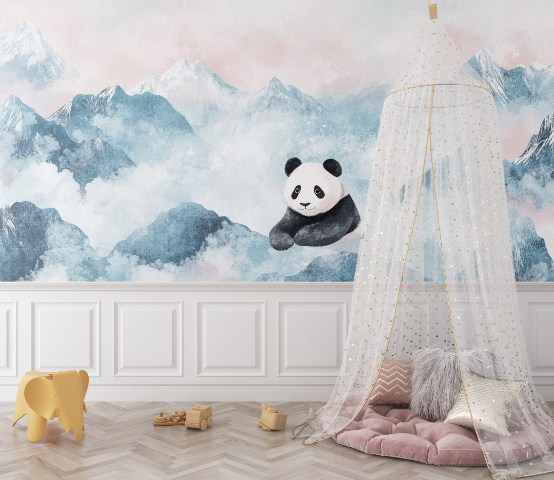 Papier peint panda et montagnes douces bebe