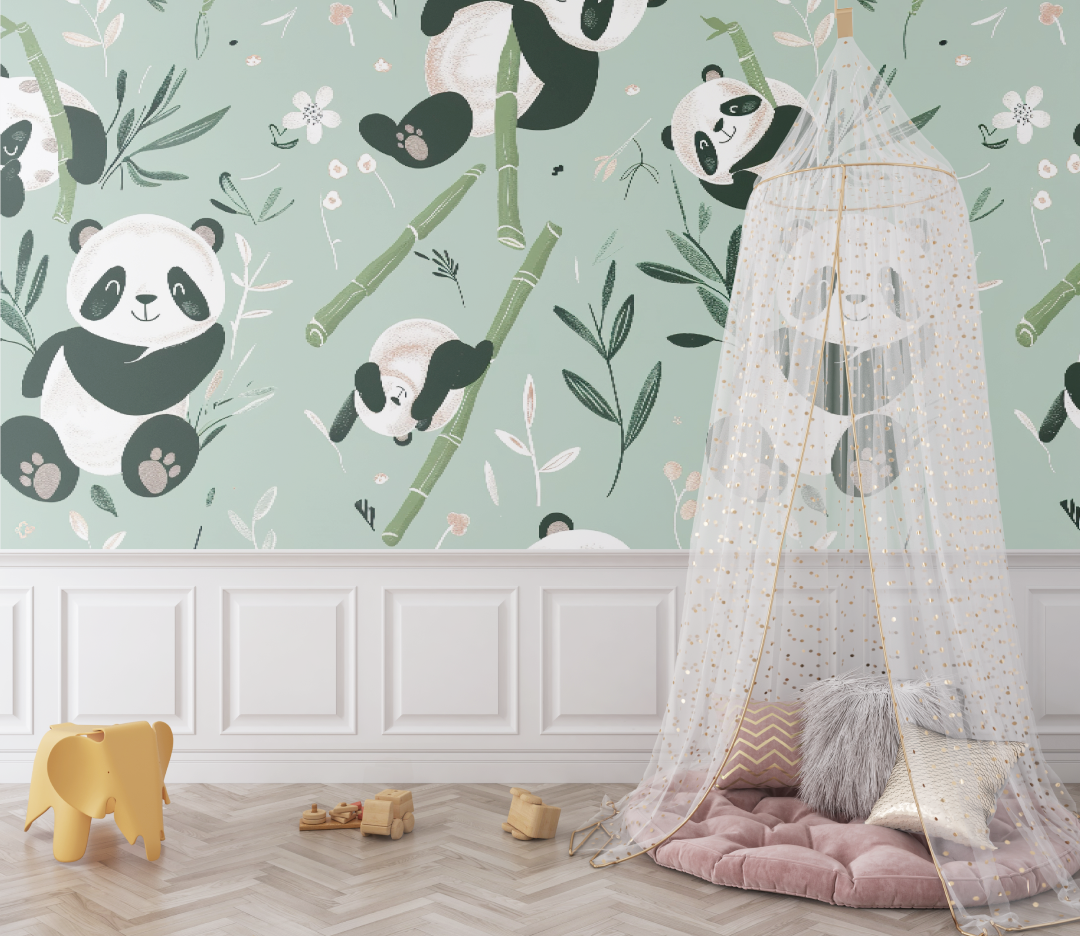 Papier peint Pandas vert bébé - bebe tipi
