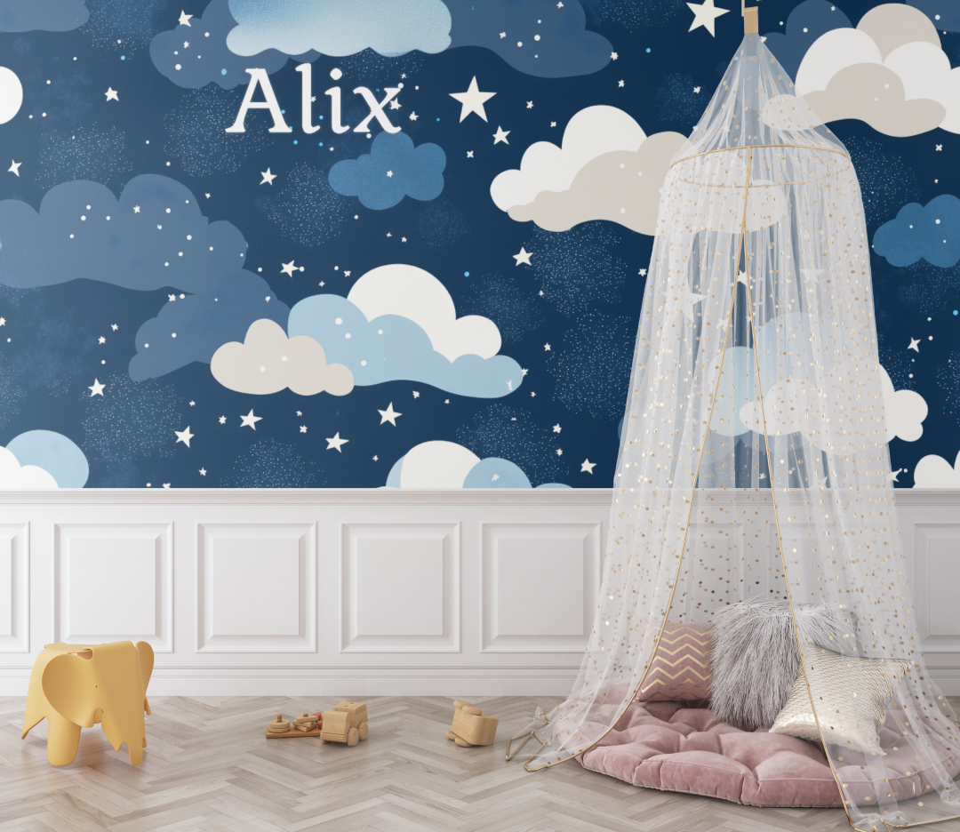 Papier peint prenom nuages nuit bebe