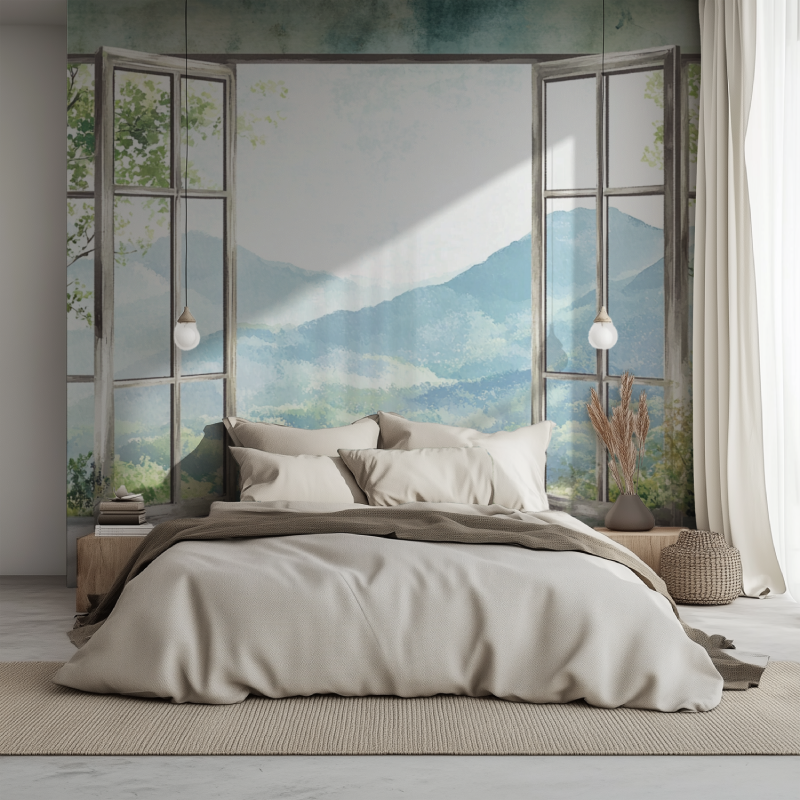 Papier peint fenetre trompe loeil lit 1234