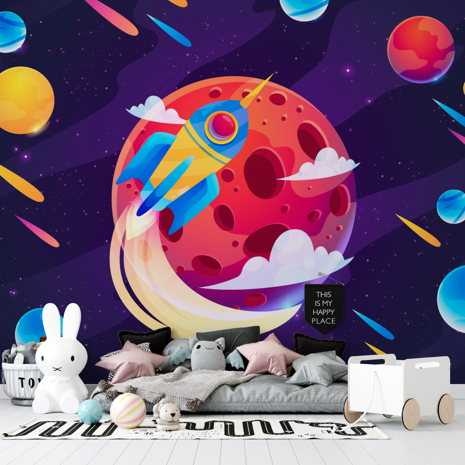 Papier peint espace pluie de meteorites tapisserie garcon