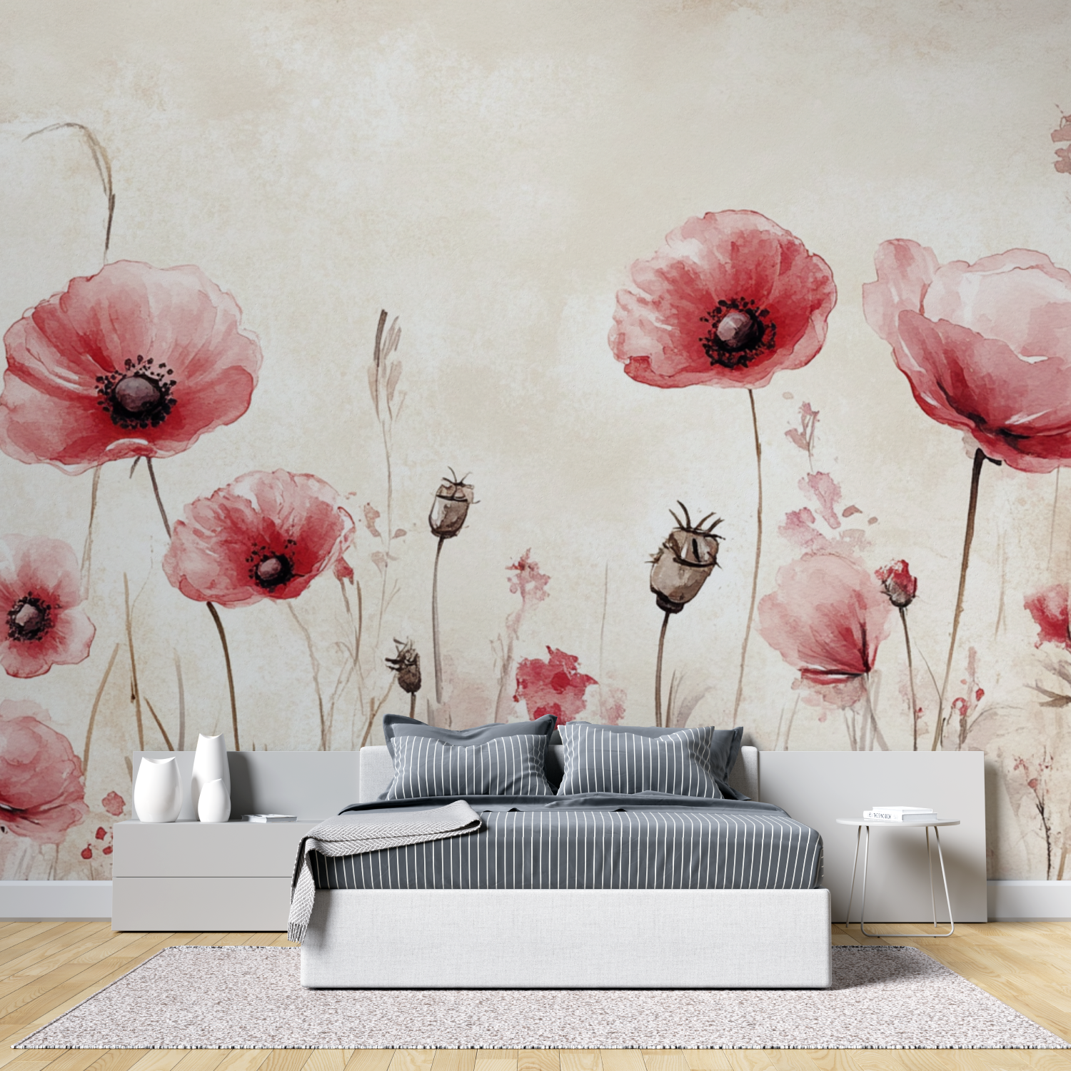 Papier peint aquarelle fleurs roses peintes tete de lit