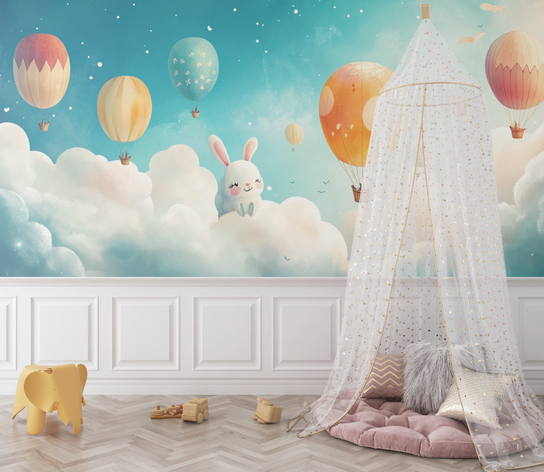 Papier peint montgolfiere et nuages en forme danimaux bebe