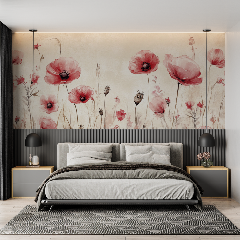 Papier peint aquarelle fleurs roses peintes chambre adulte