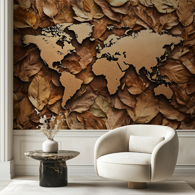 Papier peint carte du monde feuille bois chaise tendance