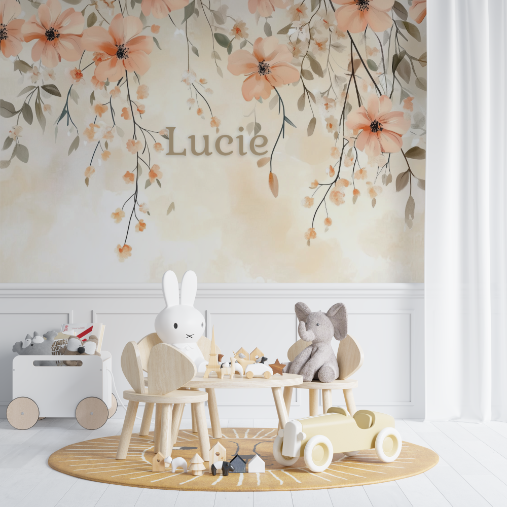 Papier peint prenom feuillages rose chambre de bebe