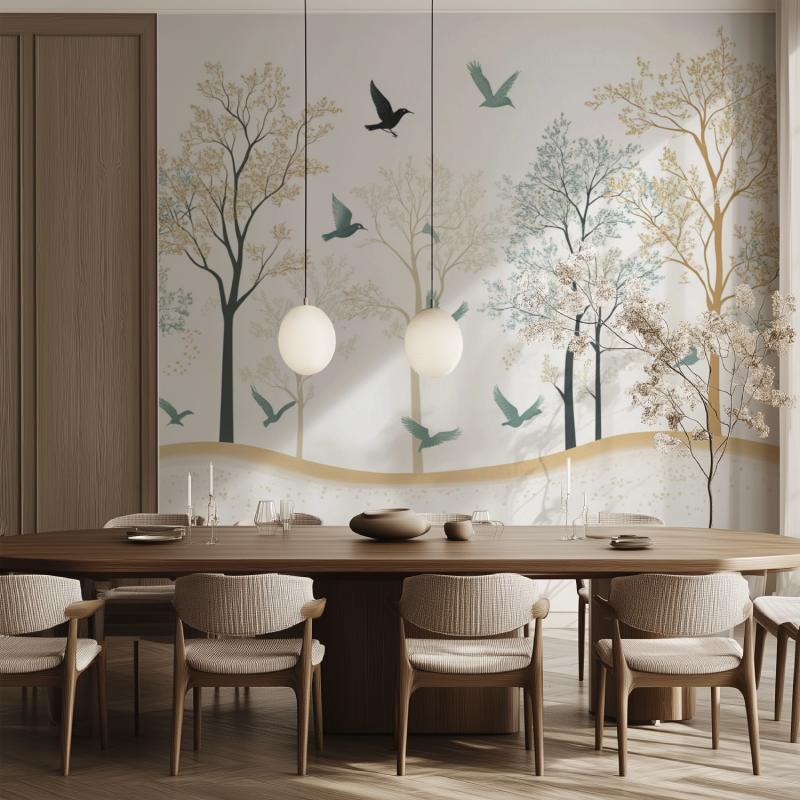 Papier peint arbre et oiseau salle manger tendance