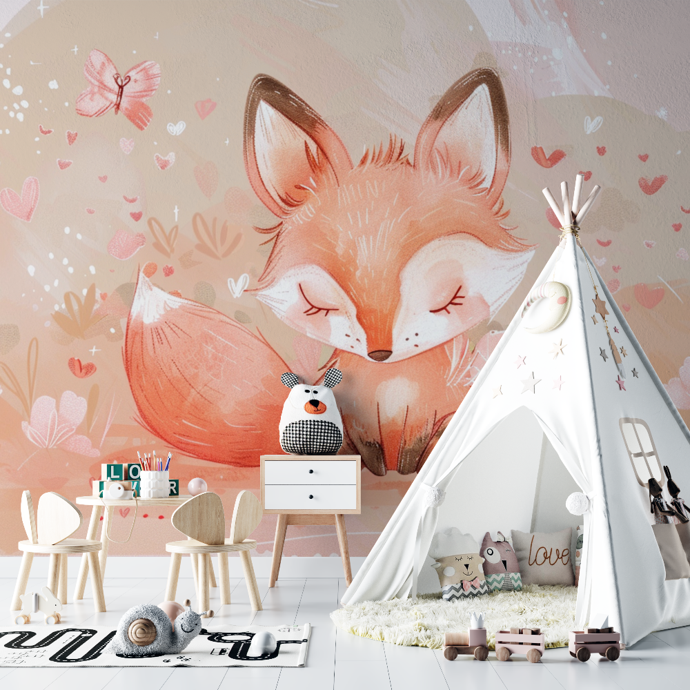 Papier peint renard bebe aquarelle fille chambre bebe