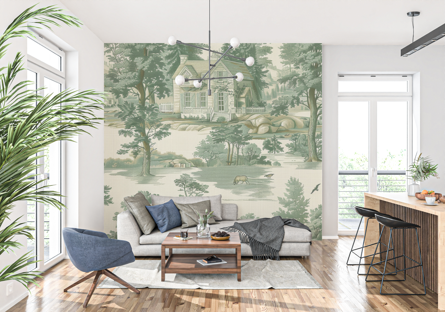 Papier Peint Toile De Jouy Paysage Vert - trompe l'oeil