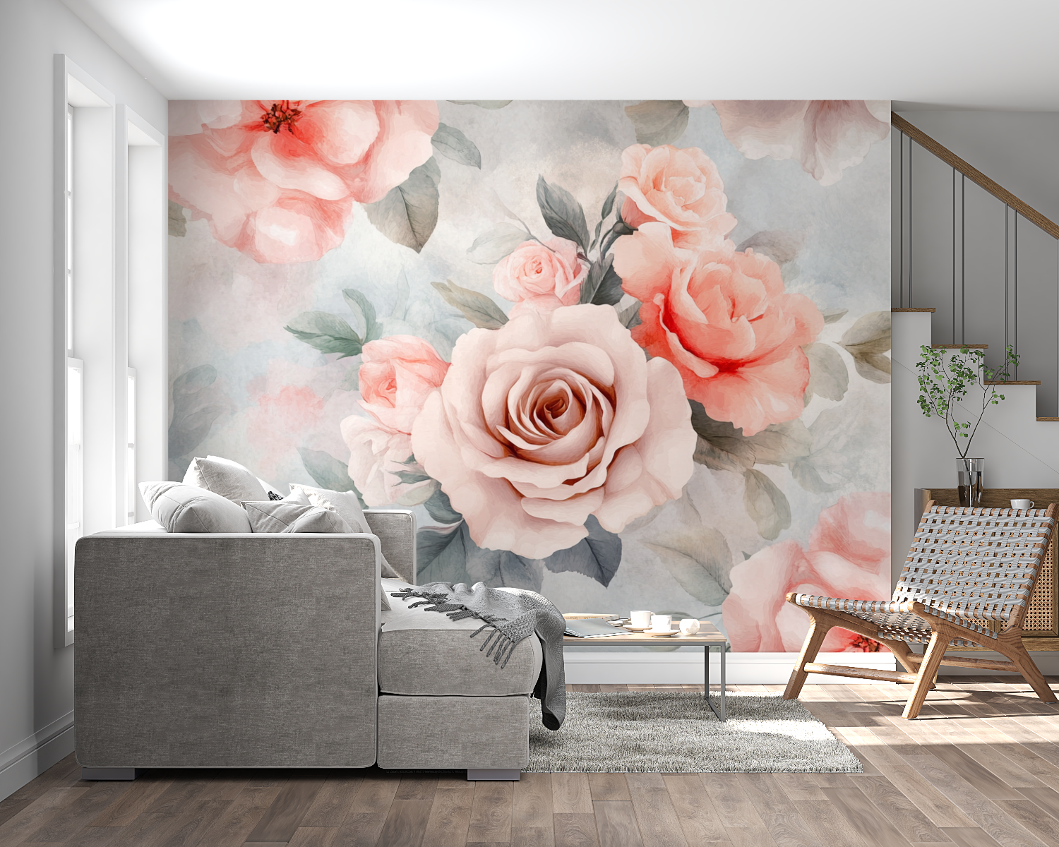 Papier peint aquarelle fleurs pastel panoramique mural