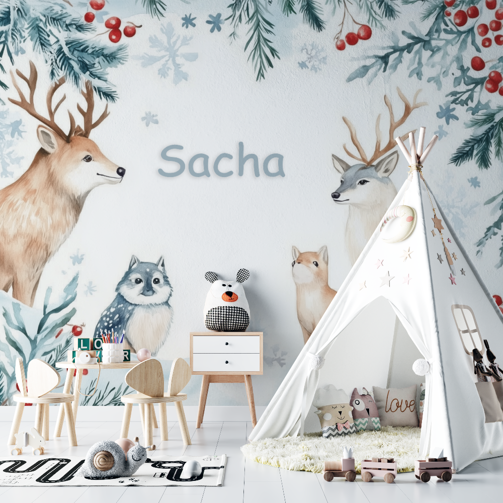 Papier peint prenom bois hivernal chambre bebe