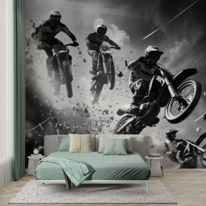 Papier peint moto cross noir et blanc garcon123