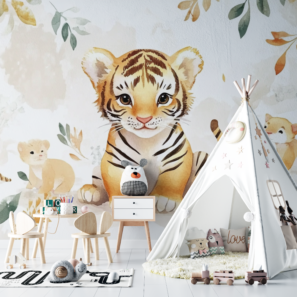 Papier peint tigre et animaux de la foret chambre bebe