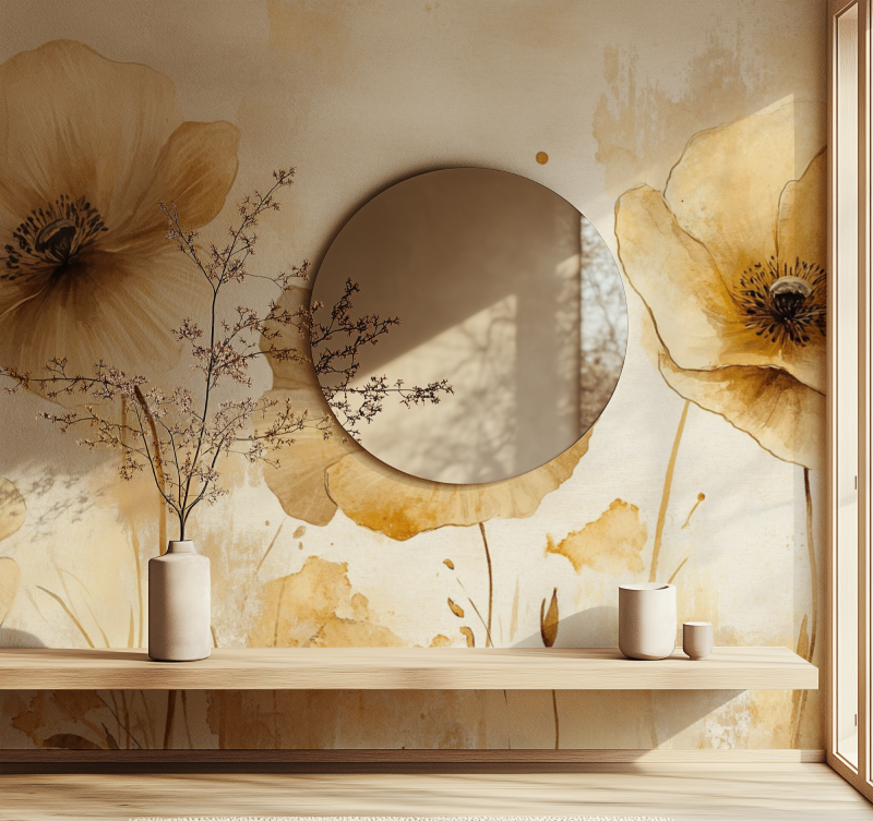 Papier peint fleur beige miroir