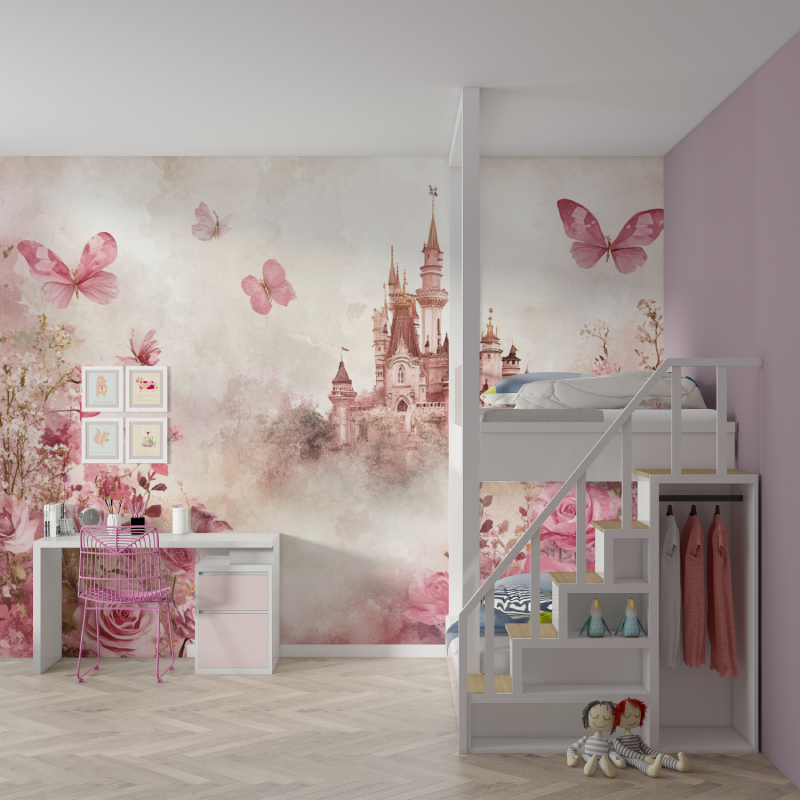 Papier peint princesse chateau et fleurs mur chambre fille
