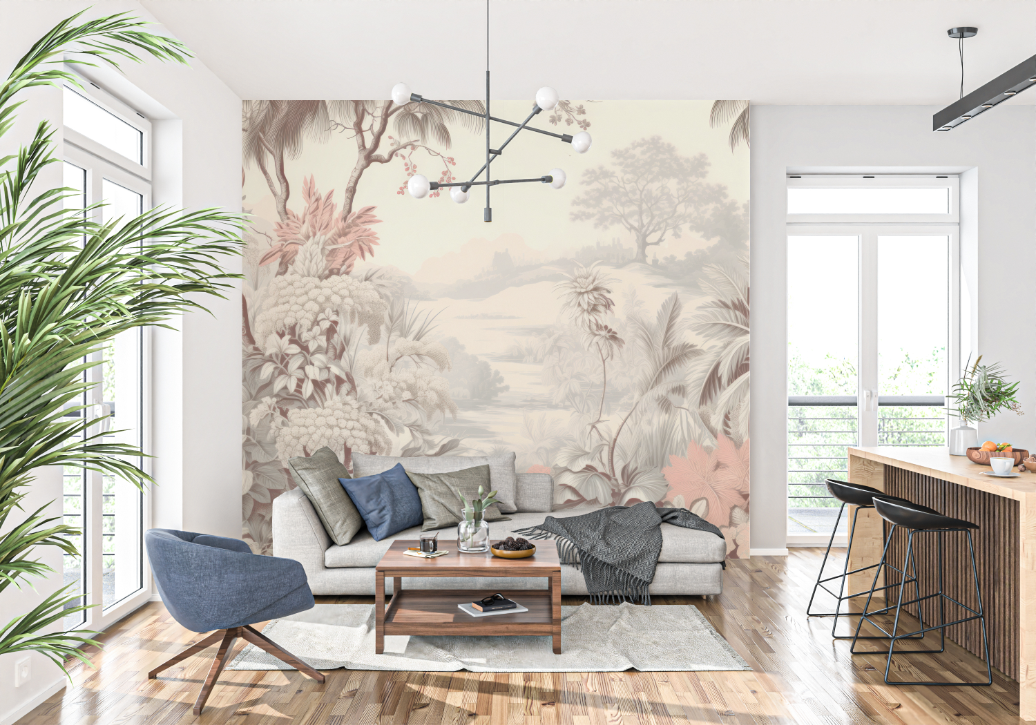 Papier Peint Toile De Jouy Jungle - trompe l'oeil