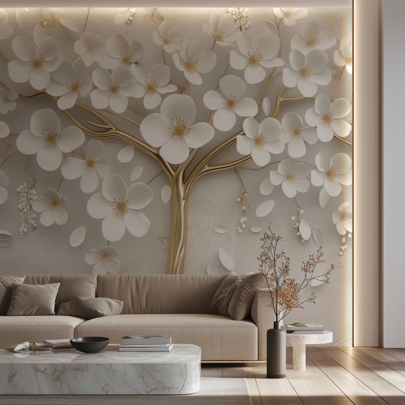 Papier Peint Arbre Dorée Fleurs