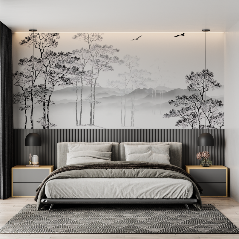 Schwarz-weiße Baumtapete