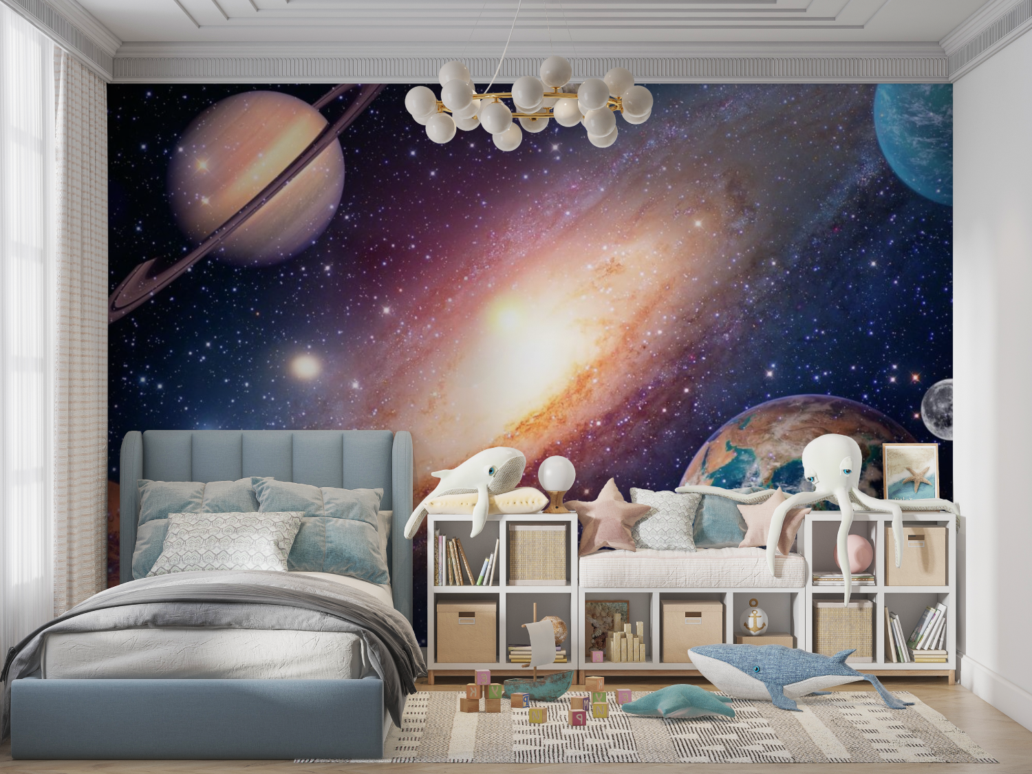 Weltraumhintergrund mit Nebel und Planeten