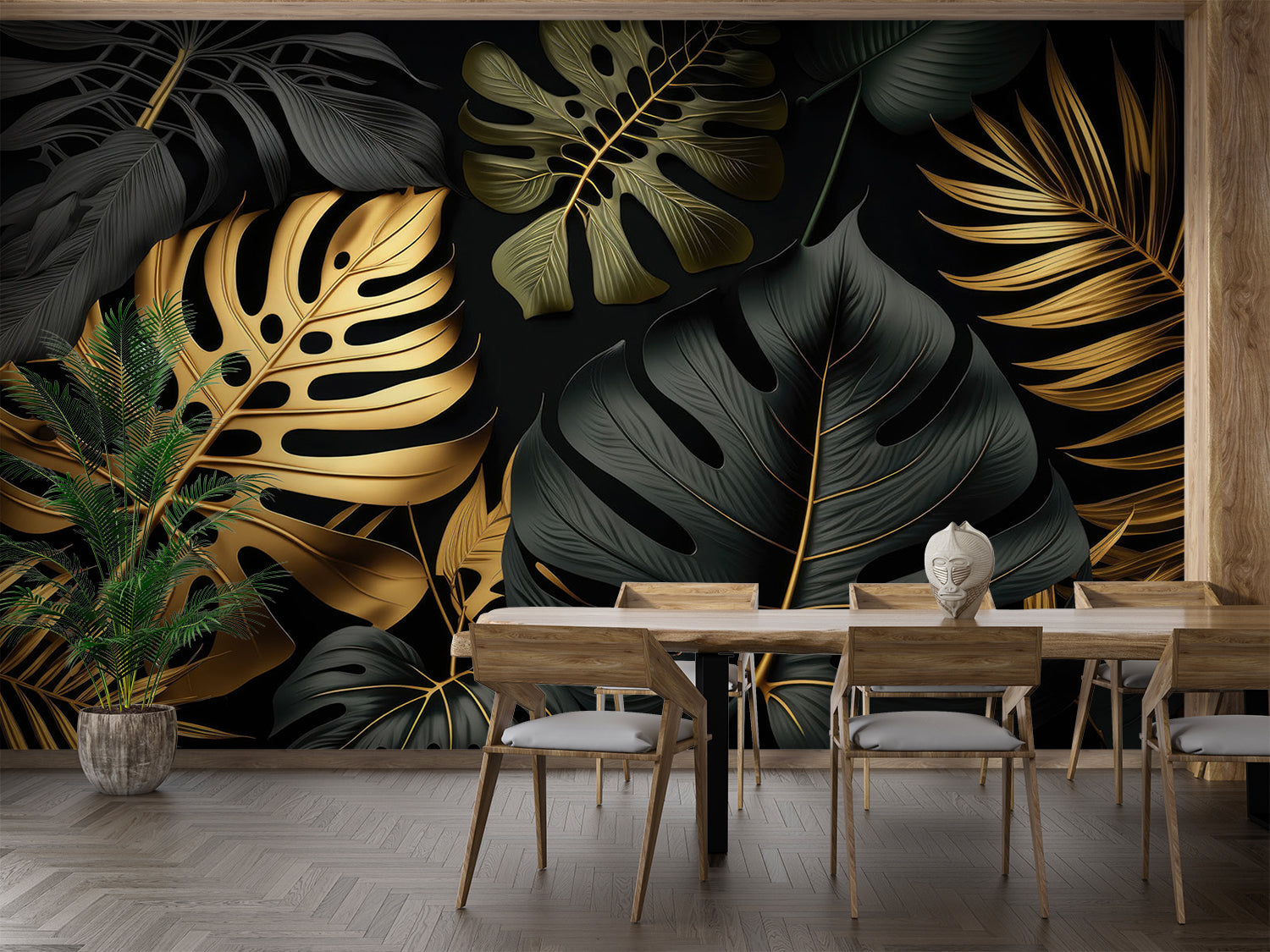 Papier Peint Feuillage Noir Et Or