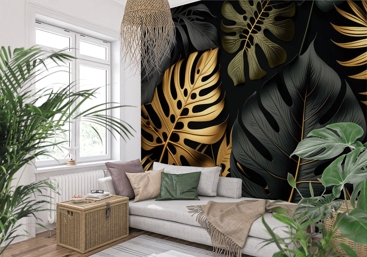 Papier Peint Feuillage Noir Et Or