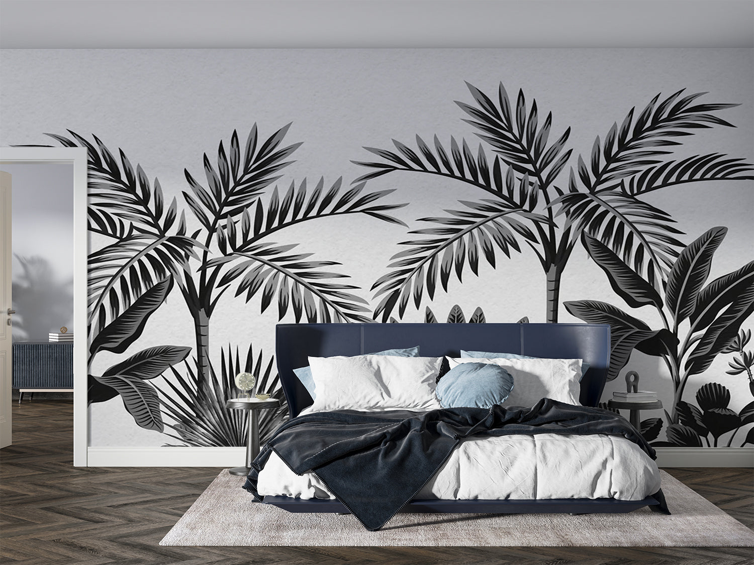 Papier Peint Feuillage Tropical Noir Et Blanc