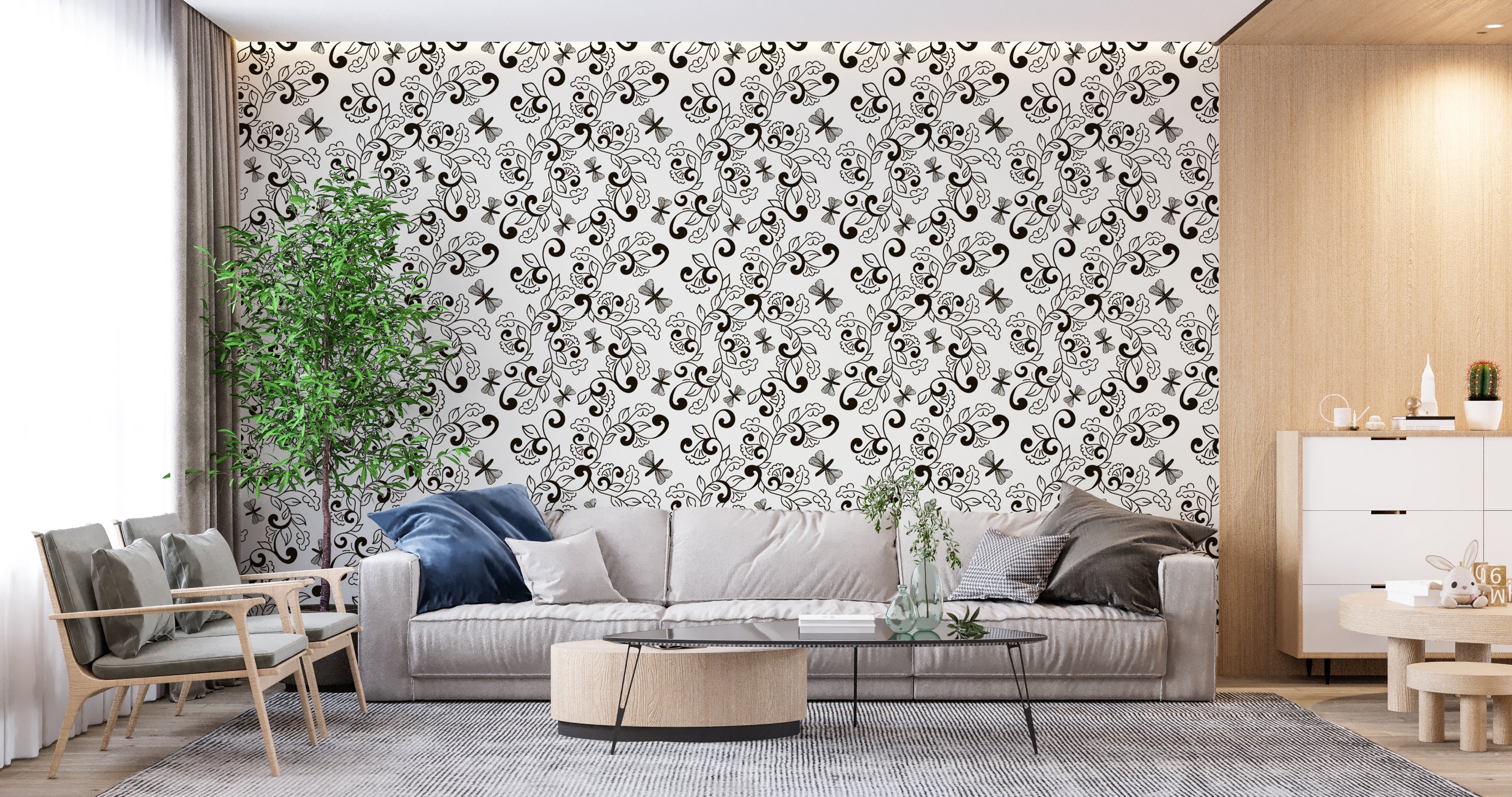 Papier Peint Blanc Motif Noir