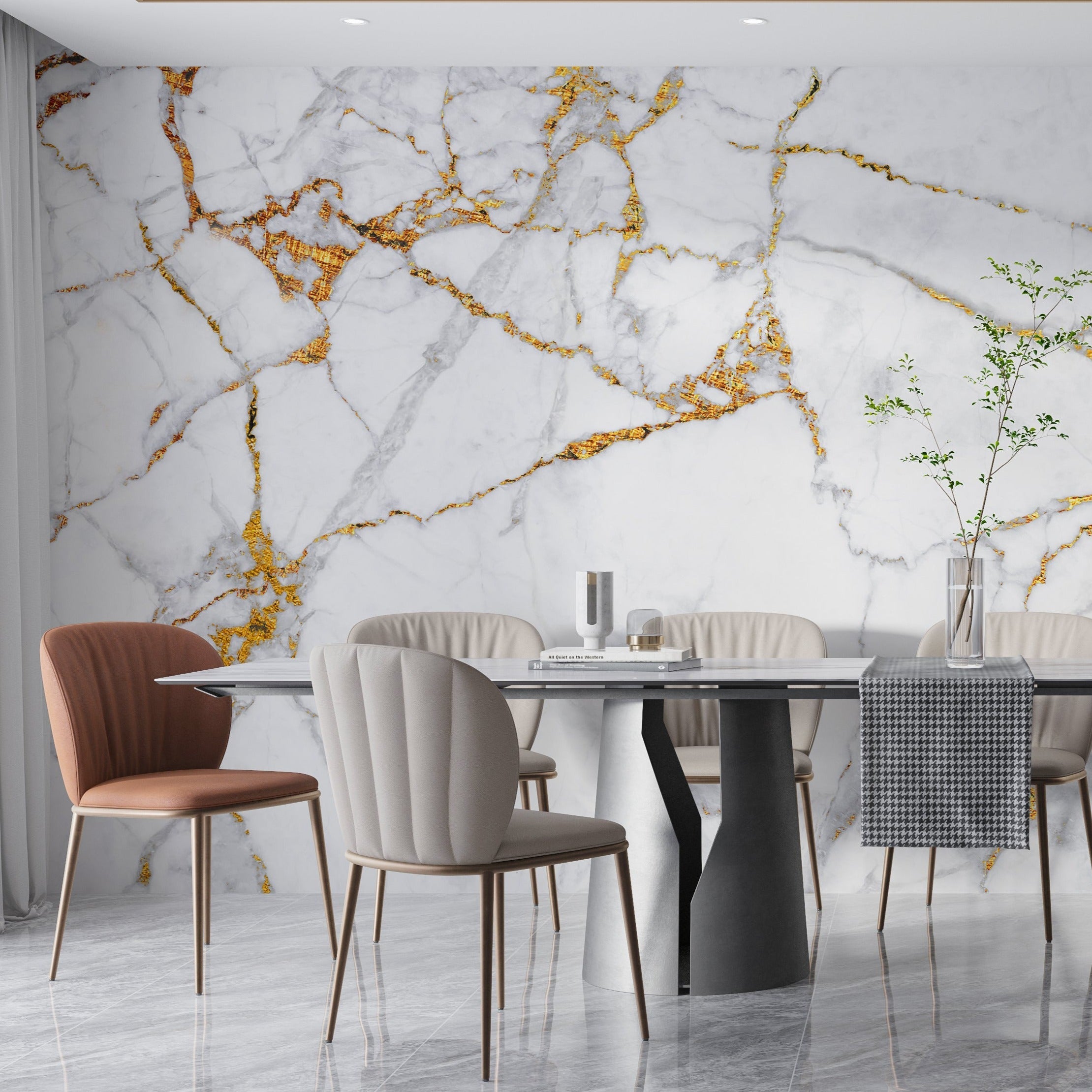 Papier Peint Marbre Blanc Et Doré