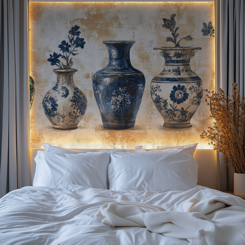 Papier peint vintage vase bleu chaise verte chambre premium