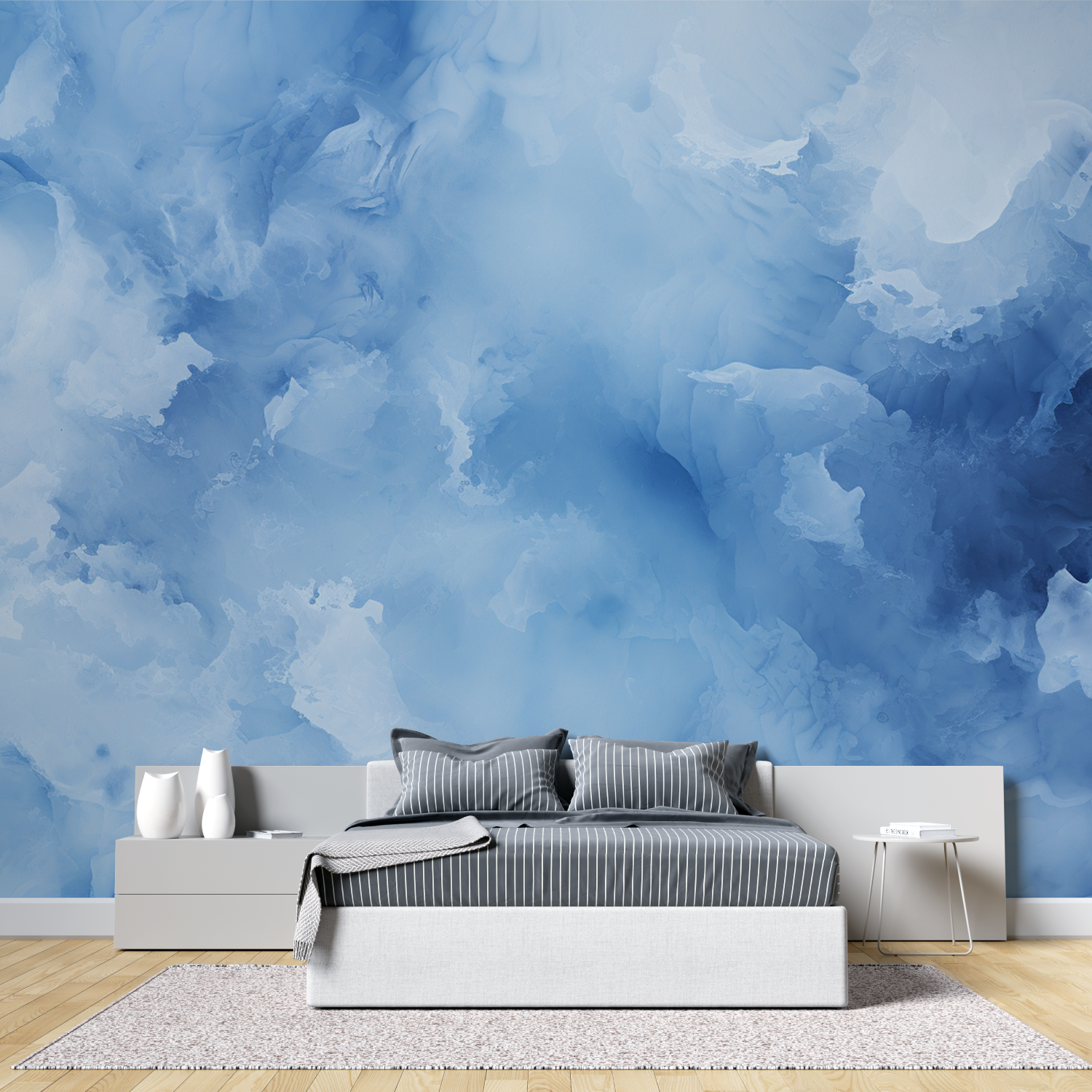 Papier peint aquarelle nuances bleues tete de lit