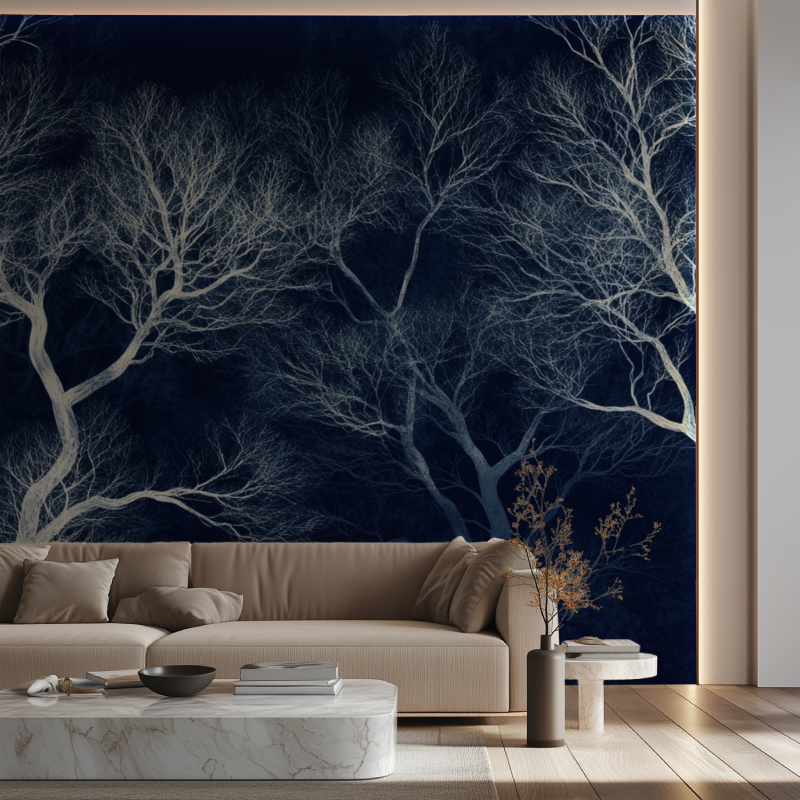 Papier peint arbre blanc nocturne canape neon
