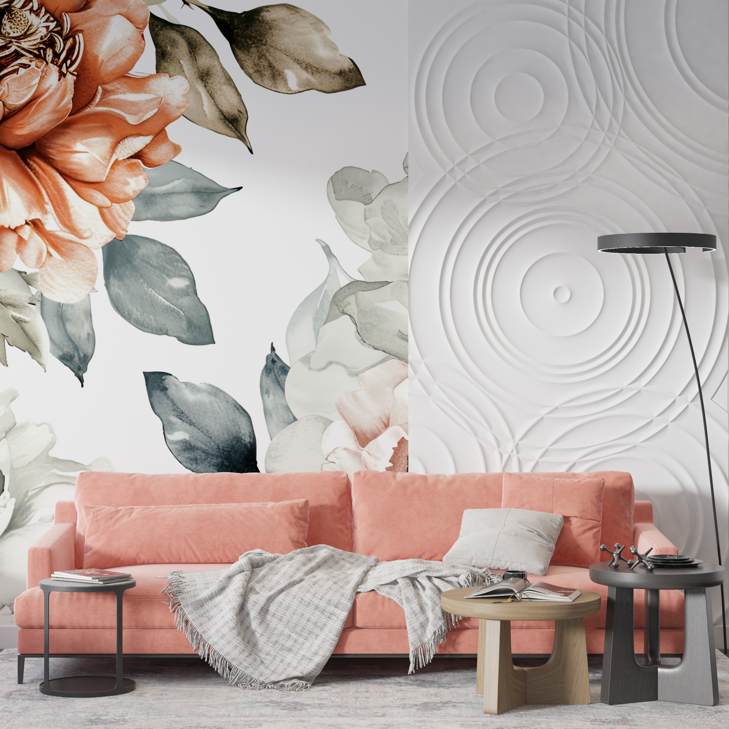 Papier peint aquarelle grosses fleurs mur