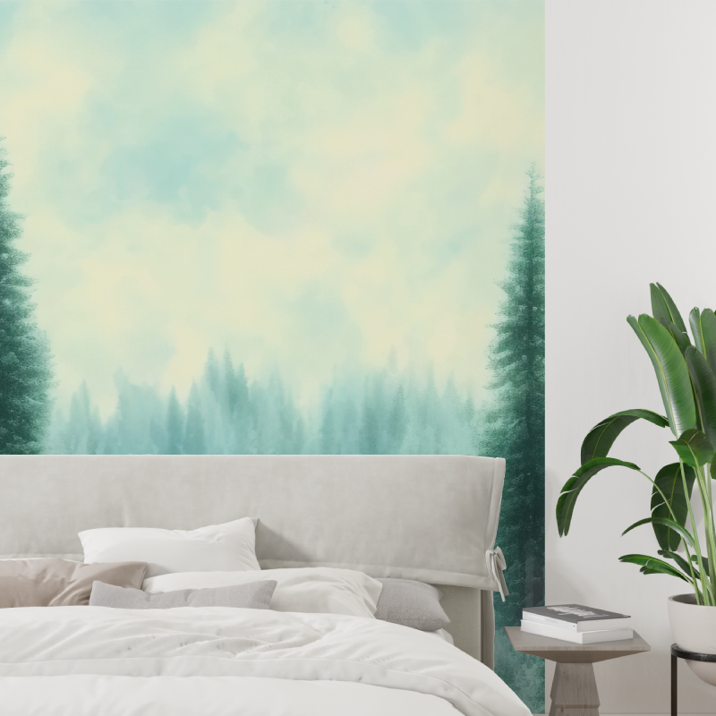 Papier peint aquarelle foret sapins tapisserie tendance
