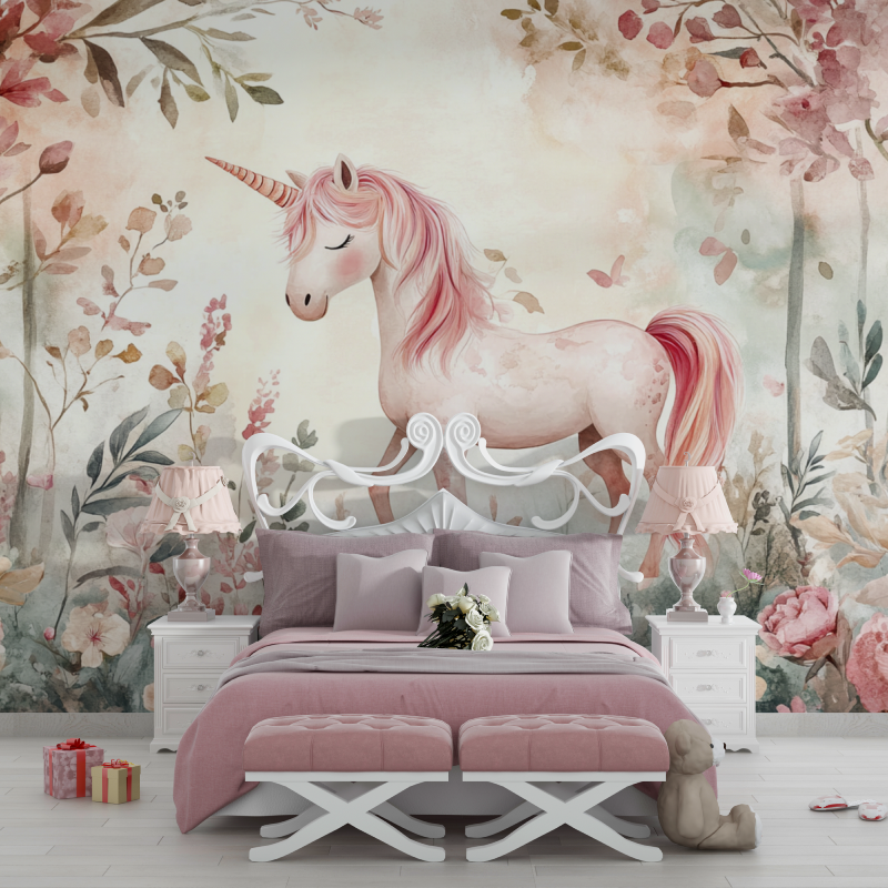 Papier peint licorne foret ballade foret rose chambre filles