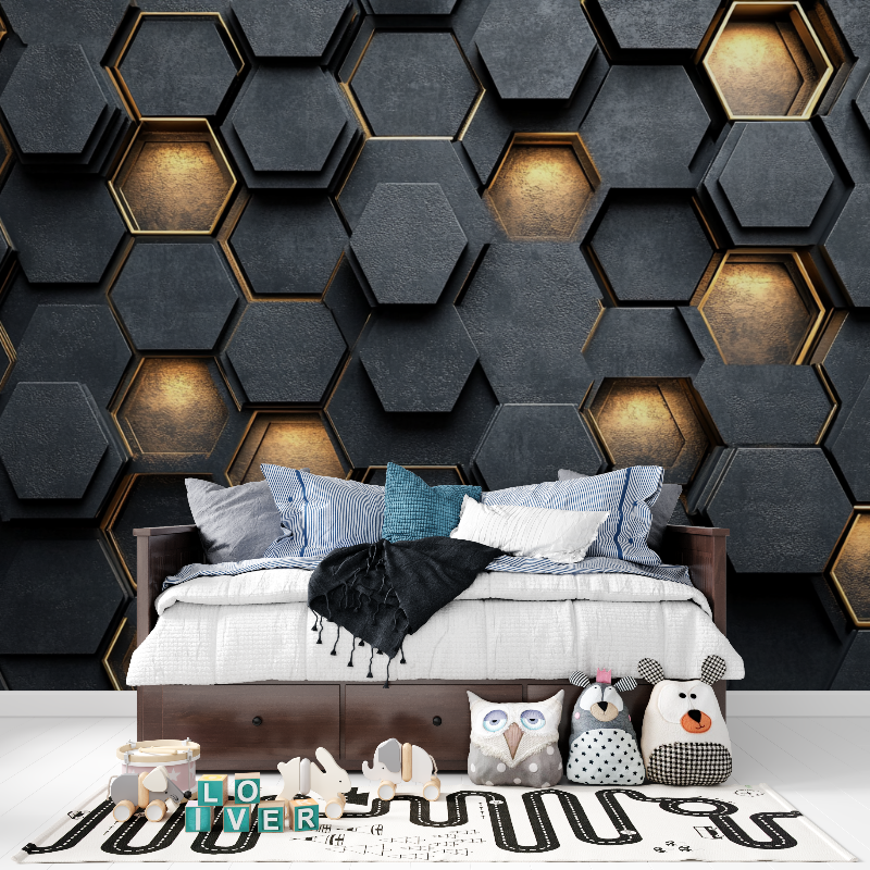 Papier peint gamer hexagones noir et or tapisserie pour ado