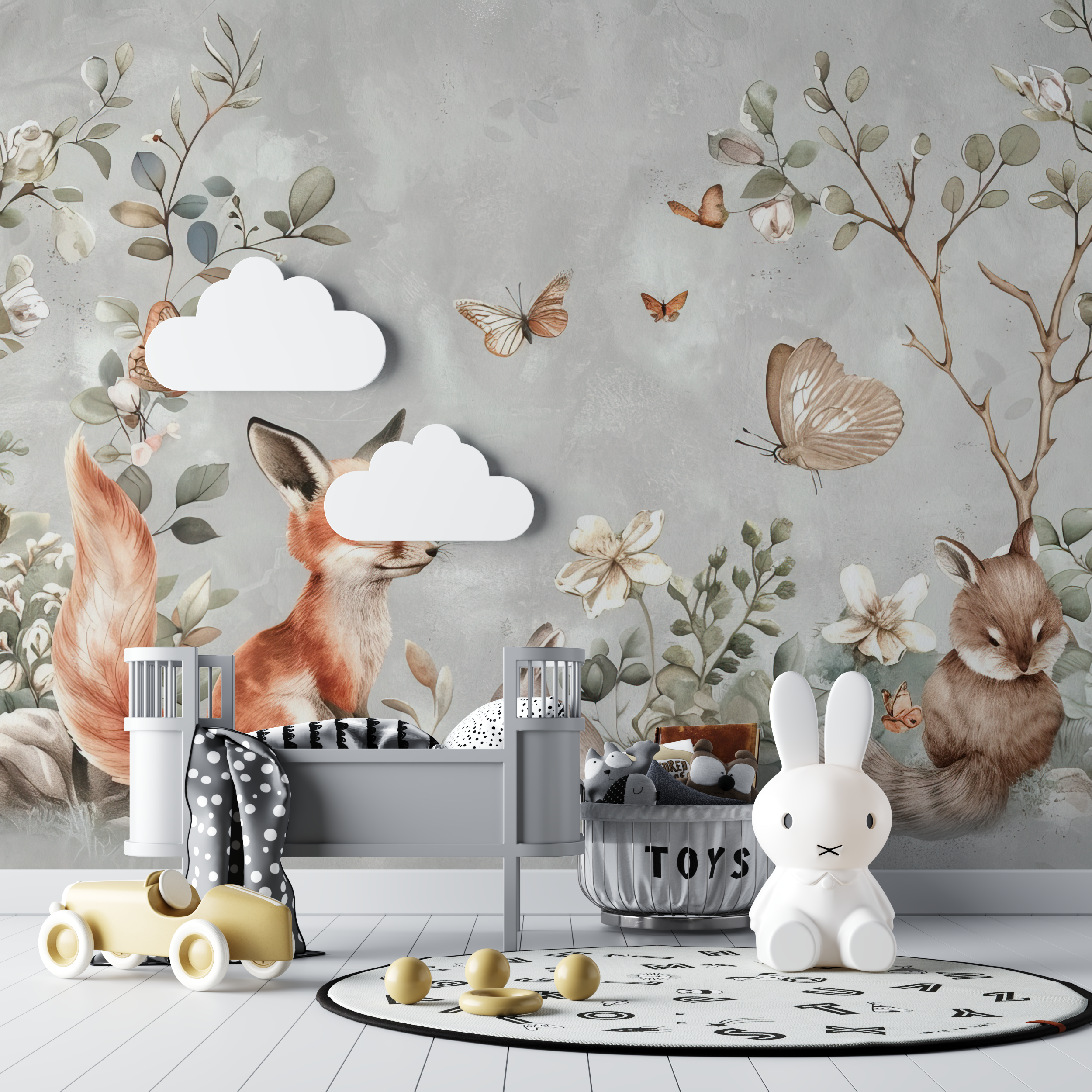 Papier peint renard et fleurs sauvages bebe tipi
