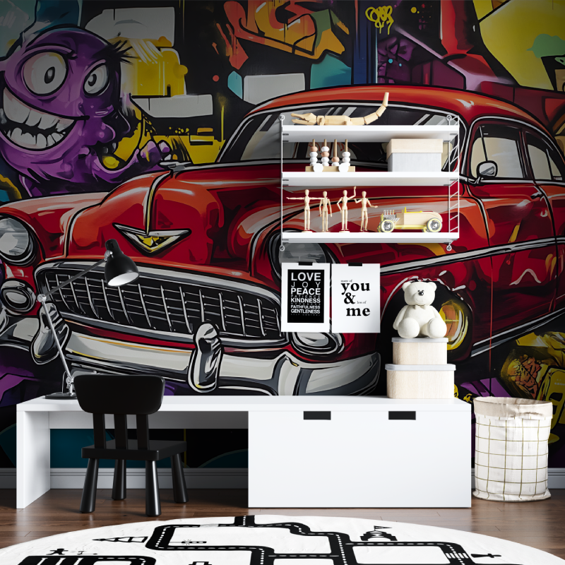 Papier peint graffiti voiture a...ne tapisserie chambre ados