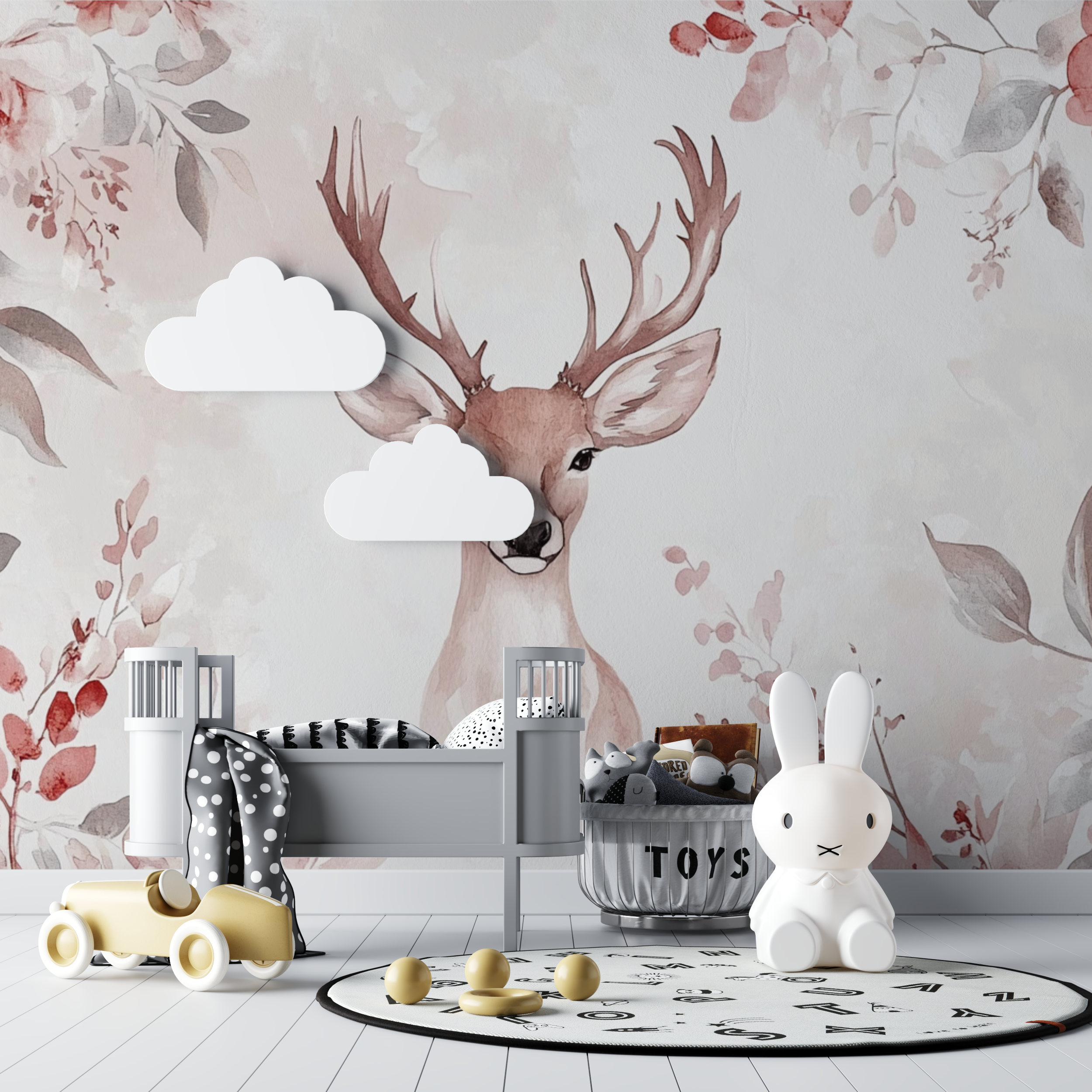 Papier peint rose doux fleuri et cerf bebe tipi